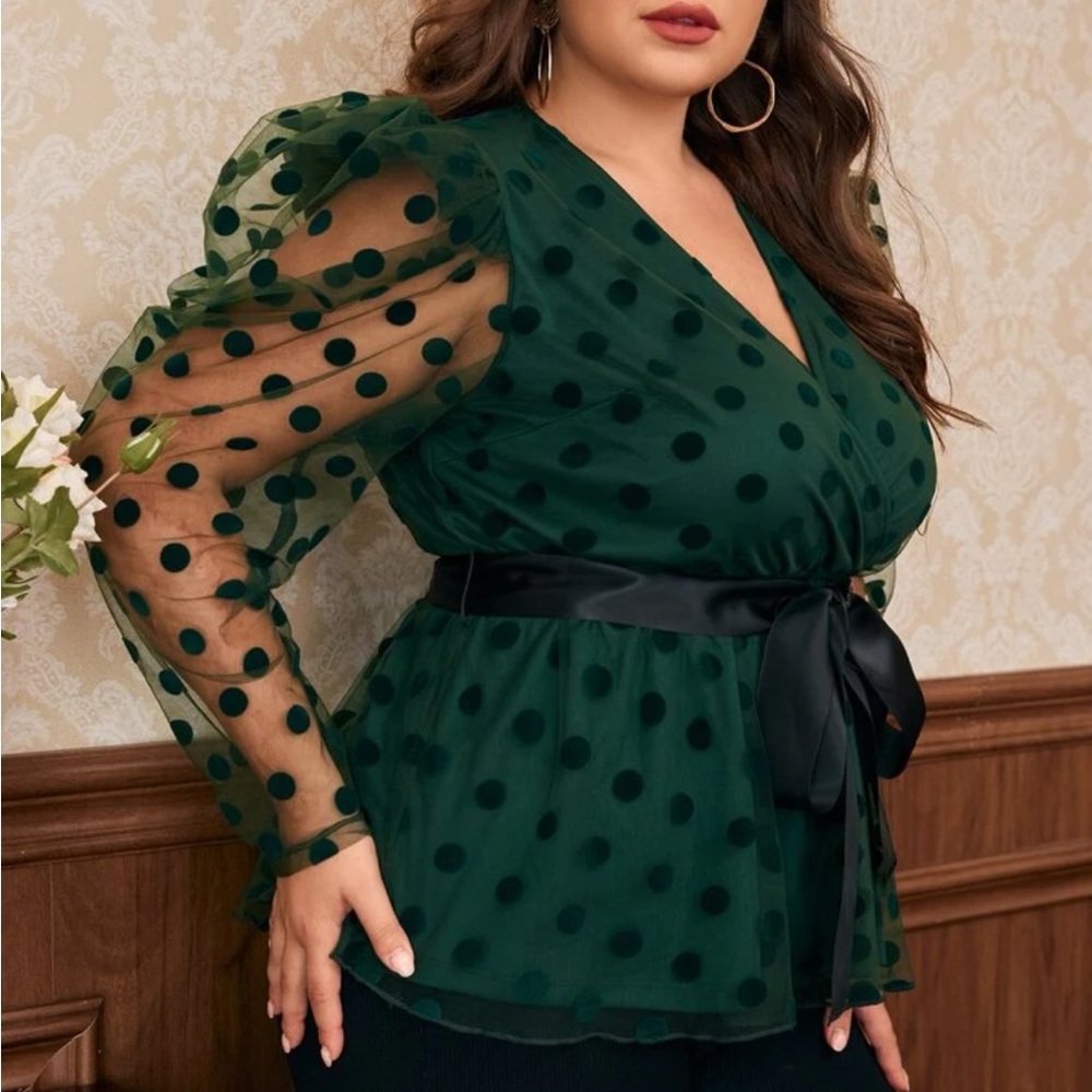 Flattering Plus Size Mesh-Sleeve Peplum Blouse - Picture 5 of 6